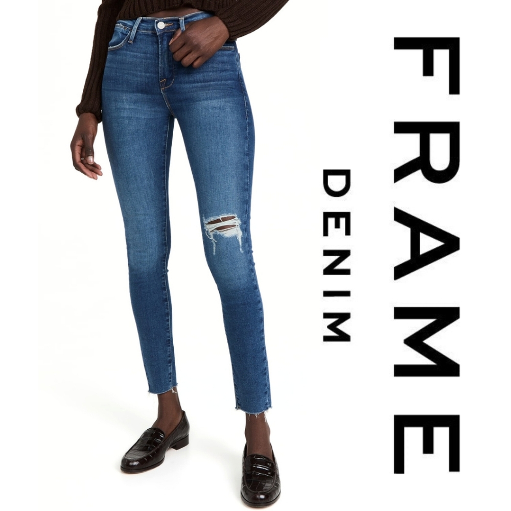 FRAME- Women's Le High Skinny Raw Jeans, Earthbound Rips, Blue, 27